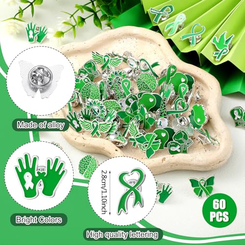 Image of Landical 60 Pcs Mental Health Awareness Pins Bulk Green Ribbon Awareness Pin Items for Women Men Charity Event Supplies Gifts