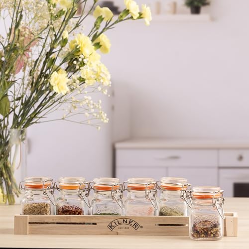 Image of Kilner Premium 6 x 70ml Clip Top Glass Spice Jars With Airtight Lid | Transparent Reusable Kitchen Storage Glass Containers for Herbs, Spices | Dishwasher Safe