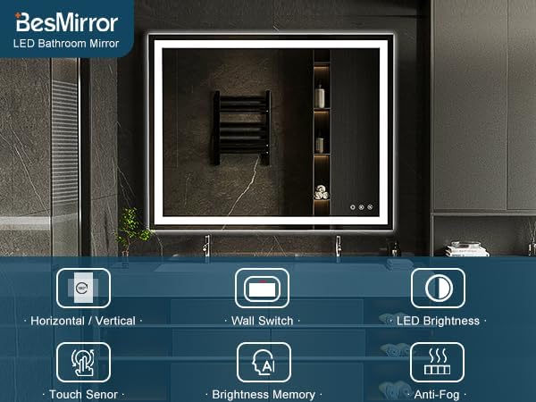 Miniatura 8 de Espejo de baño LED de 40 x 32 pulgadas, antiempañamiento, regulable continuamente, espejo de baño con luces LED, espejo LED de 3 colores para baño,