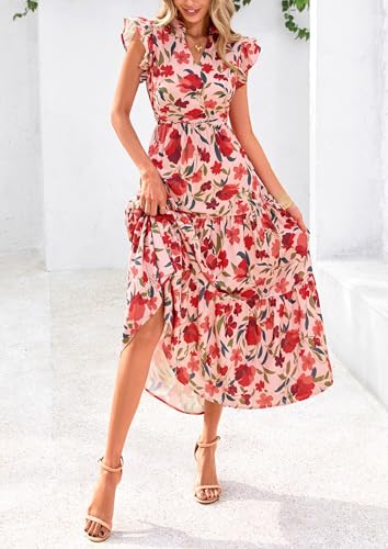 Image of PRETTYGARDEN Women's 2026 Summer Floral Midi Dress Cap Sleeve V Neck Ruffle Long Flowy Boho Casual Beach Vacation Dresses