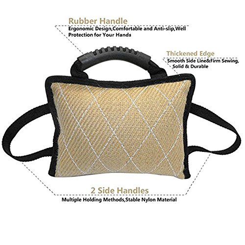 Hausdec Dog Training Bite Tug Toy with 3 Handles Linen Bite Pillow, Black & Beige - Image 2