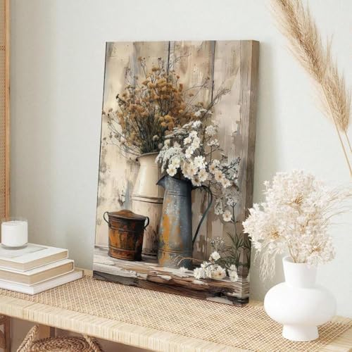 Toile florale jasmin blanc 50x70 cm sur fond grain de bois jaune crémeux sans cadre pour chambre