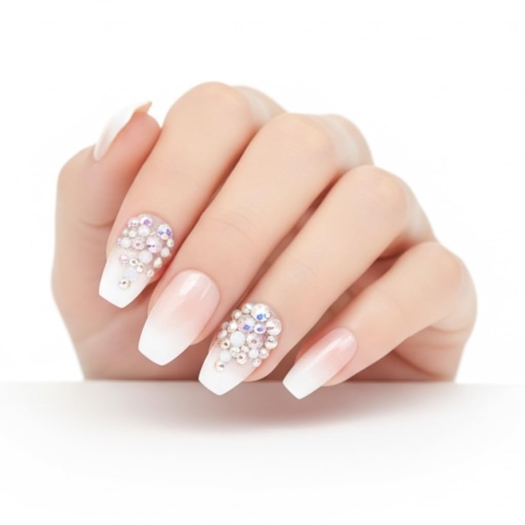 Natural Nude Pink Ombre White French 3D Crystal Design Press On Nails - Long Square Coffin Fake Nails with Rhinestones and Nail Glue, Reusable Nail Tips - Glue On Nails 24 Nail Kit, Glamour Glow
