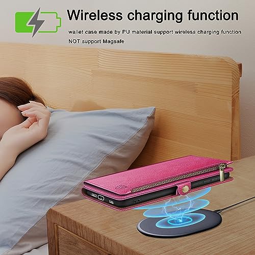 Image of XcaseBar Compatible with Samsung Galaxy S25 Wallet case with Zipper Credit Card Holder【RFID Blocking】,Flip Folio Book PU Leather Phone case Shockproof Cover Women Men for Samsung S25 case Rose Red