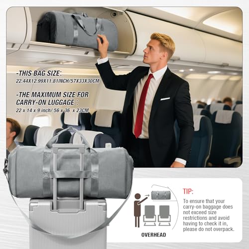 Garment Bags For Travel,Convertible Garment Bag With Shoulder Strap,Professional Carry On Duffel Bag For Men Women-2 In 1 Hanging Foldable Weekender Travel Suit Bags,Grey 6