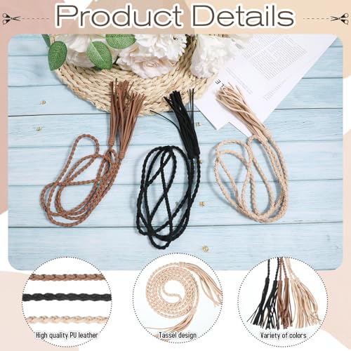 3Pcs Women's Braided Knotted Waist Belt Tassels Chain Belt Boho Rope Chain Skinny Tie Waistband for Skirt Dress3