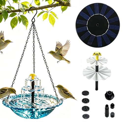 Bain d'oiseaux solaire avec fontaine à suspendre, bain d'oiseaux d'extérieur à suspendre, grand...