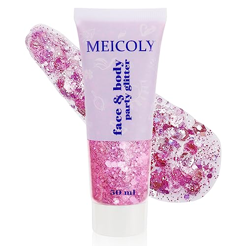 Meicoly Pink Body Glitter,Singer Concerts Face Glitter Gel,Mermaid Sequins Liquid Holographic,Face Lip Hair Music Festival Rave Accessories Makeup,Sparkling Body Glitter Gel For Women,50Ml #TOP7