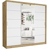 Easy4You Krudox Artisan/Weiß 233 cm Schiebetürenschrank Kleiderschrank mit Spiegel Schlafzimmermöbel Mehrzweckschrank mit Kleiderstange Schrank für das Schlafzimmer