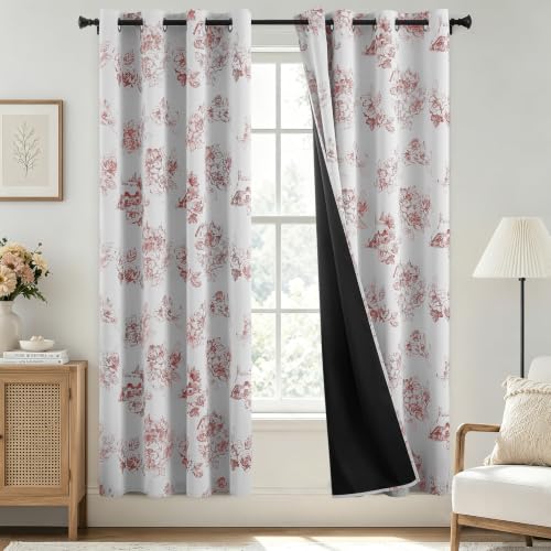 SimpleHome 100% Blackout Curtains for Bedroom Red Curtains Floral 72 Inches