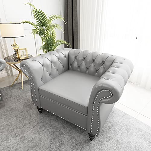 Image of ORRD Chesterfield Chair, Modern Leather Tufted Accent Sofa Couch Chair with Rolled Arms and Nailhead for Living Room, Bedroom, Office, Apartment (Grey)