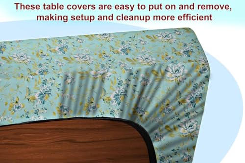Image of The Furnishing Tree Elastic Cotton Rectangular Dining Table Cover 36x63 in Inches Floral Golden Leaf on Blue Base