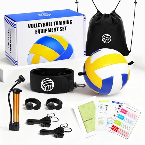 Volleyball Training Equipment Aid, Solo Volleyball Trainer Kit to Practice Serve, Spike, Set & Pass – Includes Training Ball & 15 Drill Cards – Volley ball Gift for Teens Girls, Beginners (8 Pcs)