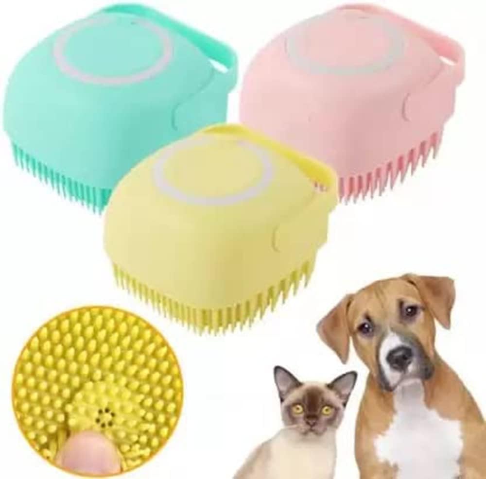 Kingston fabric Dog & Cat Hair Bath Brush (Combo of 3) Grooming Accessories | Soft Silicon Brush | Rubber Gloves | Cleaning Hand Brush (Color May Vary) (Blue, Pink & Yellow) 4