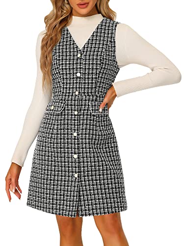 Allegra K Women's Pinafore Dress V Neck Button Down Pockets Vintage Sleeveless Plaid Tweed Dress