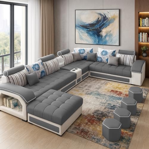 Image of Casaliving Yamir Modern U-Shaped Sectional Sofa Set with Storage, 9 Seater, Sofa Couch with 4 Puffy for Hall Guest Room (Dark Grey & Grey) Premium Fabric Sofa Set