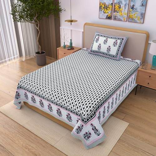 Image of 100% Cotton Single Bedsheet with 1 Pillow Cover | 240 TC Pure Cotton Flat Bed Sheet | Traditional Jaipuri Printed Bedding Set | Soft & Breathable | 60 x 90 Inch (Rangmahal Single 48)