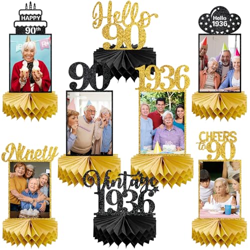 Image of Eucutur 8Pcs 90th Birthday Decorations Honeycomb Centerpieces for Women Men, Black Gold Vintage 1936 90th Bday Photo Table Centerpieces Party Supplies, Glitter Cheers to 90 Year Old Bday Table Topper