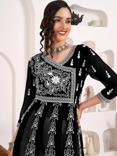 Image of EthnicJunction Women's Georgette Regular Fit Anarkali Embroidered Chikankari Work Angrakha Kurta