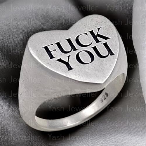 Fuck You Ring, 925 Sterling Silver Heart Signet Ring, Bold Statement Jewelry for Men, Edgy Rebellious Attitude Ring, Punk Rock Middle Finger Ring, Personalized Engraved Silver Ring3