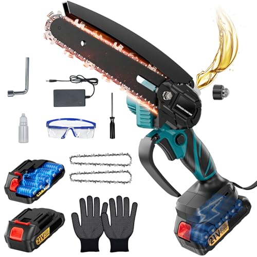 Mini Motosierra Bateria 2 x 4000mAh, Motosierra Eléctrica de 6 Pulgadas con Engrasador Automático y 2 Baterías de Gran Capacidad, Sierra Eléctrica para Cortar Madera y Podar Árboles