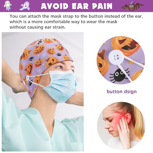 Image of 6 Pcs Scrub Caps for Women Doctor Nursing Hats with Buttons Adjustable Tie Back Working Cap Bouffant Scrub Hats for Women Men