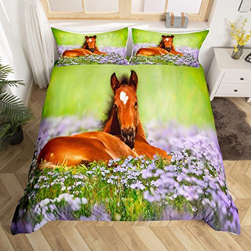 Loussiesd Juego de ropa de cama de caballo kawaii con diseño de caballo galopante para niños, funda de edredón con flores florales, funda de edredón transpirable, tamaño individual