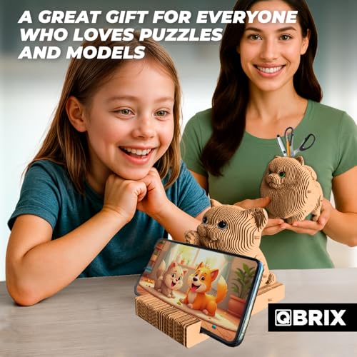 Image of QBRIX 3D Puzzles for Adults Pomeranian Pen Holder and Cat Phone Stand, 3D Puzzles for Adults, 3D Model Kit for Teens, DIY Crafts for Home Decor, Original Gift, Cardboard Model Building Kit