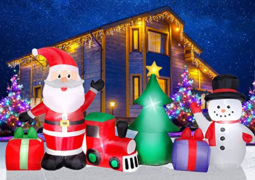 9.2FT Christmas Inflatables Outdoor Decorations, Christmas Inflatables Tree Merry Christmas Sign Lighted Blow Up Yard Decoration with Snowman Santa Train Gift Boxes for Xmas Holiday Garden Decor