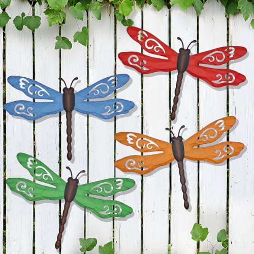 Eoorau Metal Dragonfly Wall Decor, 4 Pack 14inch Retro Metal Dragonfly Wall Hanging Sculpture Decor for Outdoor, Yard Patio Fence Garden Outside Decorations