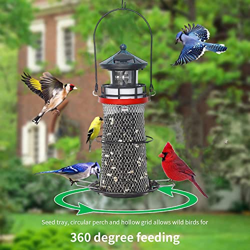 Hshd Solar Lighthouse Bird Feeder With Rotating Beacon Lamp - 14" Hanging Mesh Wild Bird Feeders For Outdoor Garden Patio Lawn Decor (Retro) #TOP2