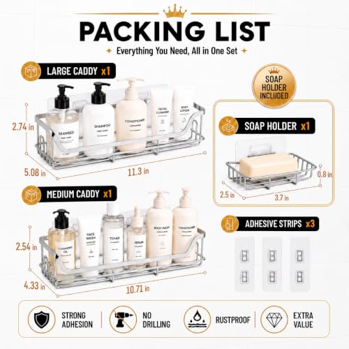 Image of OMAIRA 3-Pack Shower Caddy with Soap Holder, Adhesive Rustproof No-drill Strudy Loading Inside Shower Organizer Shelves Rack Storage Bathroom Organization for Smooth Wall Glass Tile, Black (XX-Large)