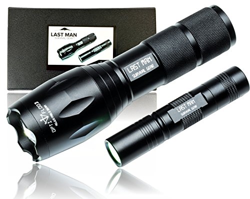LAST MAN Tactical Opti-Flood Adjustable Beam LED Flashlight Kit - 2 Preimum Tactical Flashlights with Ultra Bright Cree LEDs and High-Powered Rechargeable Lithium-Ion Batteries
