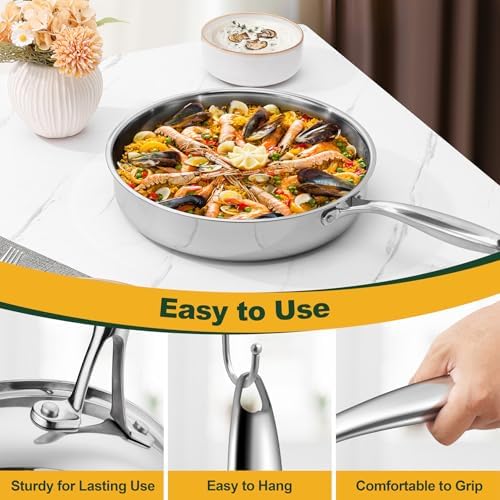 P&P CHEF 12 Inch Stainless Steel Frying Pan, 3-Ply Stainless Steel Pan Skillet, Induction Stir-fry Pan, Oven & All Stoves Safe, Heavy Duty & Even Heat, Dishwasher Safe, Silver, (1 Piece) - Thumbnail 3