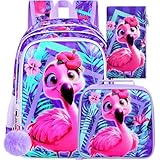 UFNDC 3PCS Girls Flamingo Bookbag, 16' Kids Bookbag with Lunch Box, Water Resistant School Bag for Elementary Preschool Toddler