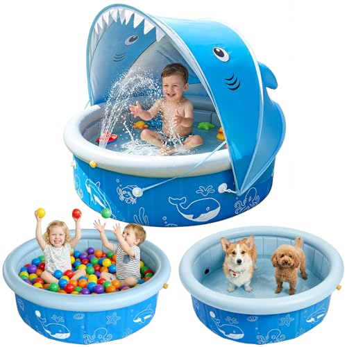 tmstorys Kiddie Baby Pool with Canopy Sprinkler, 47in Foldable Toddler Pool