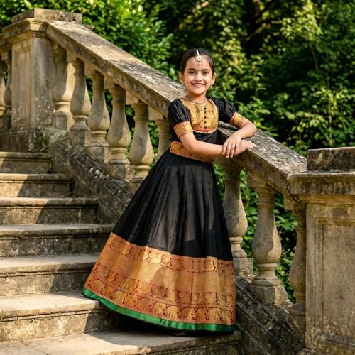 Image of Girls Silk Pattu Gown for Kids Traditional South Indian Long Ethnic Dress | Baby Girl Festival Pavadai Sattai Style Party Wedding Birthday Special Occasion Outfit