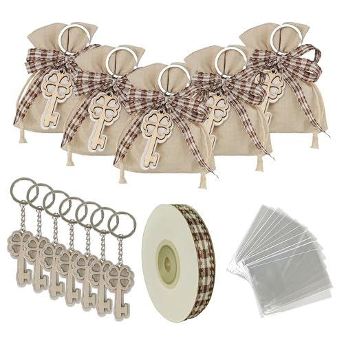 STEFANAZZI 20 Pezzi Kit Bomboniere per Matrimonio Portachiavi Chiave Portafortuna in Legno, Bomboniere Decorazione per Feste