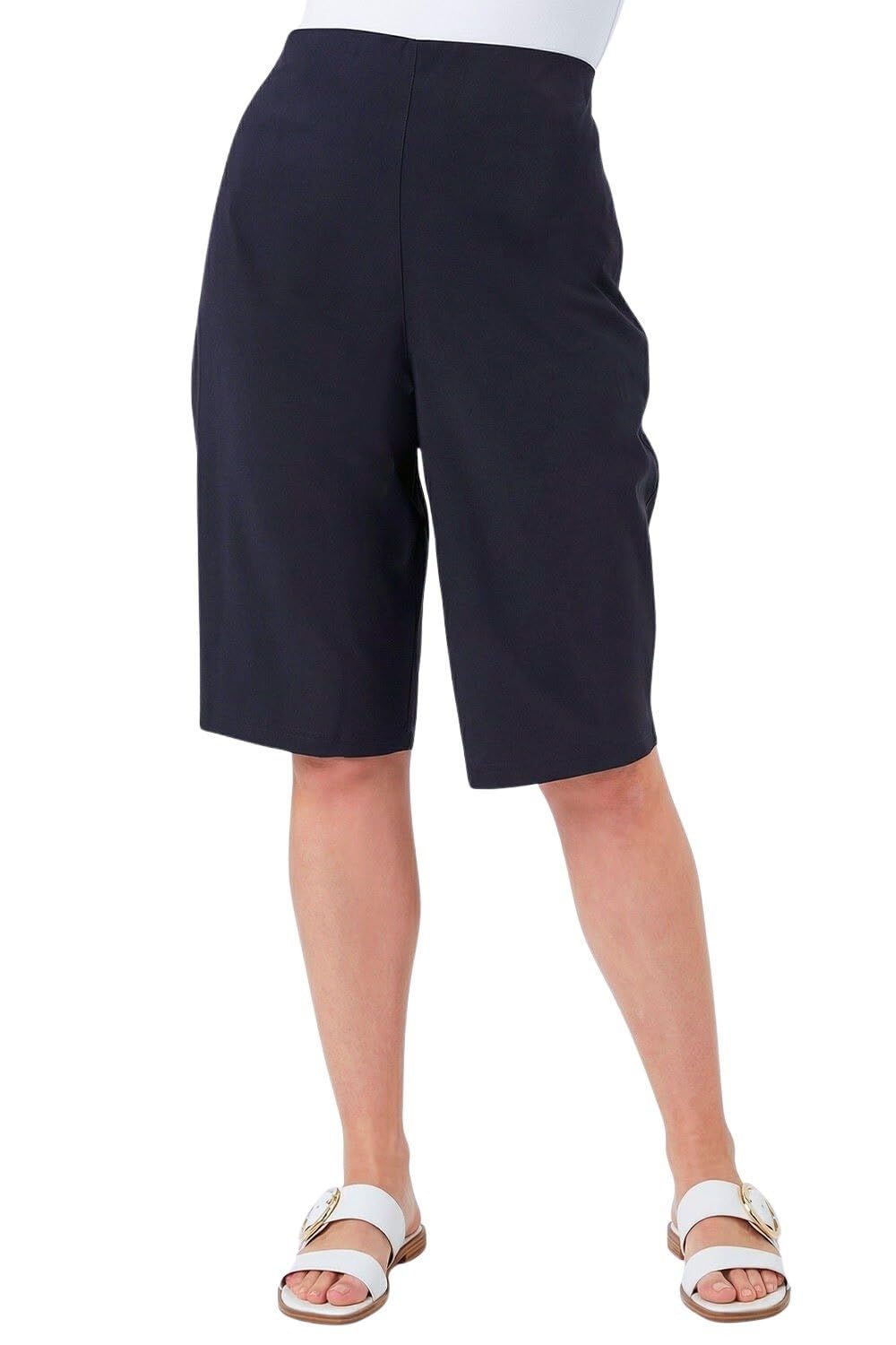 Roman Knee Length Shorts for Women UK - Ladies Cropped Capri Stretch Bengaline Pants Crop Trousers Summer Legging Lounge Essentials Elasticated Casual Clothes - Black Plus - Size 3032