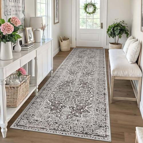 KUTA Vintage Floral Washable Rug Runners 3x10, Tan Grey Non-Slip Kitchen Hallway Long Rugs 10ft with Rubber Backing, Printed Modern Soft Carpet for Entryway Indoor Dining Room