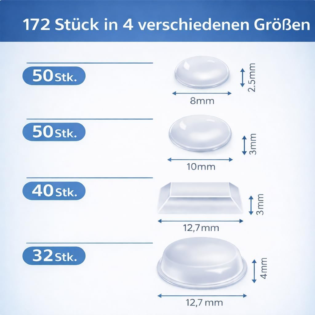 Rubber Buffer & Rubber Feet Transparent Self-Adhesive - 172 Piece Set, 4 Sizes - Elastic Buffer & Stop Buffer for Furniture & Doors