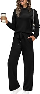 WIHOLL Women's Two Piece Lounge Set with Long Sleeves and Wide Leg Pants
