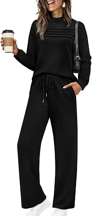 WIHOLL Two Piece Sets for Women Spring Travel Vacation Outfits 2026 Long Sleeve Lounge Sets Side Slit Wide Leg Pants S-3XL