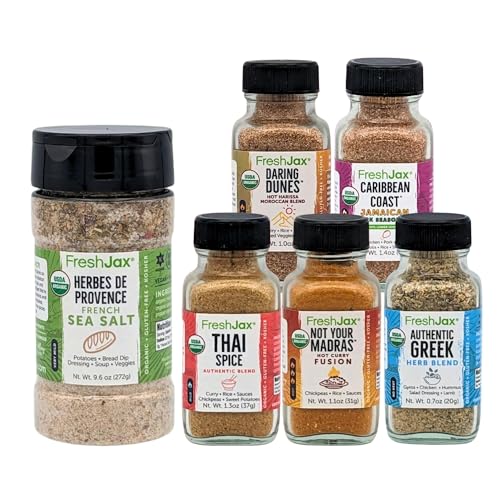 FreshJax Herbes de Provence Sea Salt and International Spices Gift Set Bundle | 5 Sampler Sized and 1 Large Bottle | Non GMO, Gluten Free, Keto, Paleo, No Preservative