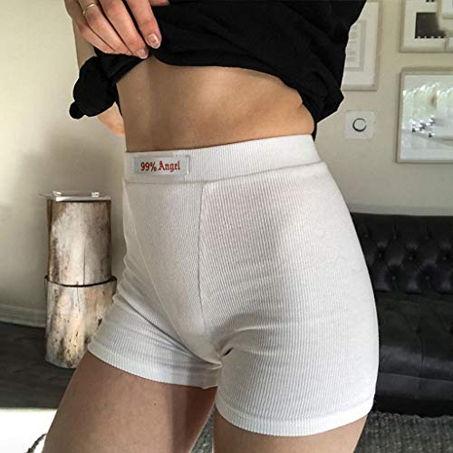 YANFANG Pantalones Cortos Casuales para Mujer, Leggings Cortos de Costilla de Cintura el�stica Delgada Casual de Color s�lido de Moda para Mujer Deporte, S,White