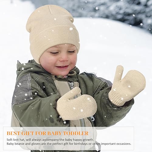 Image of Baby Beanie Hat Gloves Set, Kids Winter Warm Knit Hat with glvoes,Toddler Soft Beanie for Little Boys Little Girls Children