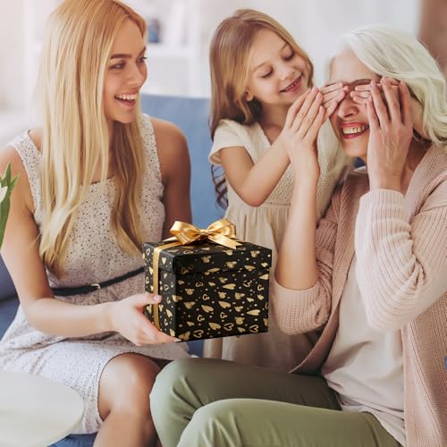 Ftemglo Geschenkpapier Set 5 Rollen, 43cm x 3m Geschenkpapier Schwarz Gold, Geschenkpapierrolle mit Schleifenband Gold und Doppelseitiges Klebeband für Kindergeburtstag, Hochzeit, Abschluss