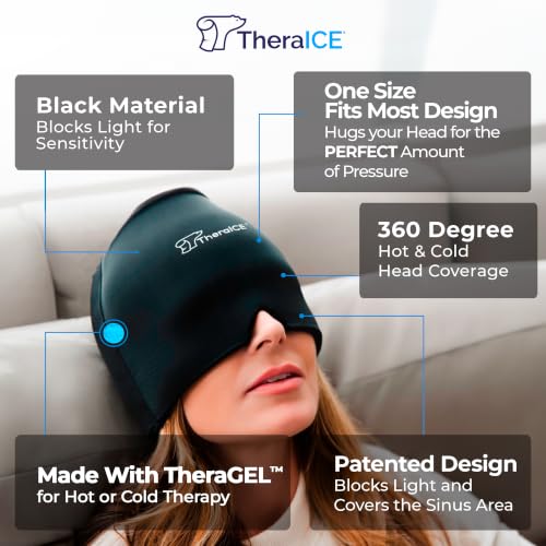 Image of TheraICE Migraine Relief Cap | Soothing Headache Hat Ice Pack Mask | Face Cold Compress Cooling Gel Head Wrap Products for her Sinus Tension Stress Hangover & Puffy Eyes | Great Birthday Gift for Mom
