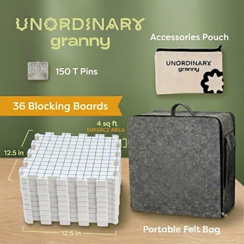 Image of Unordinary Granny Crochet Blocking Board Set - 9 Extra Thick Interlocking Mats with Grid, 150 T-Pins, Felt Storage Bag and Cotton Pouch (Soft White)
