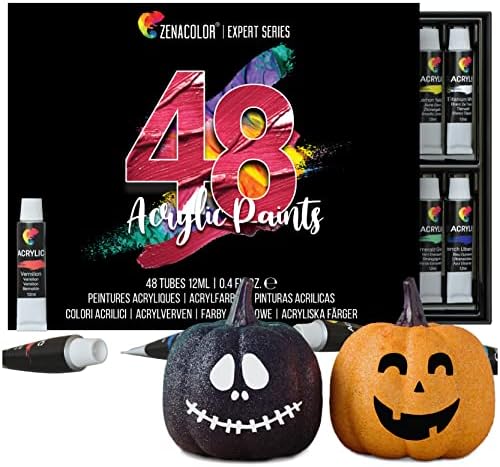 Zenacolor Acrylic Paint, Set of 48 Tubes of 0.4 oz (12 mL) Art Set for Adults and Kids, Painting on Canvas Panels, River Rocks, Glass, Wood, Fabric, Ceramic